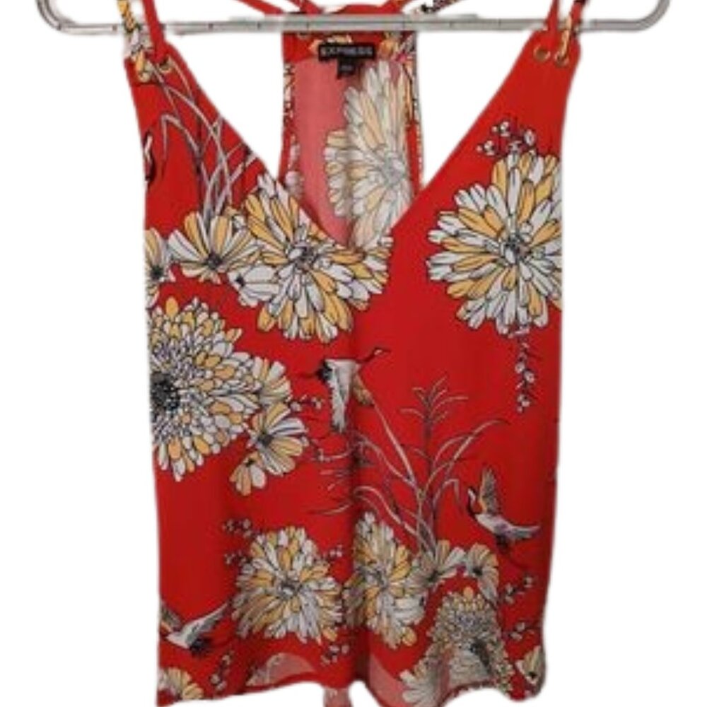 Express Orange Floral Bird V Neck Strappy Tank Size Small